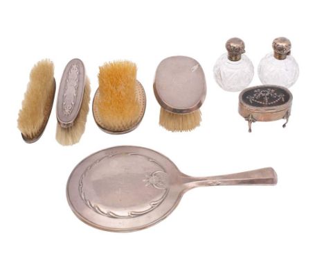 A mixed collection of silver dressing table wares, various makers and dates: includes, brushes, hand mirror, glass scent bott