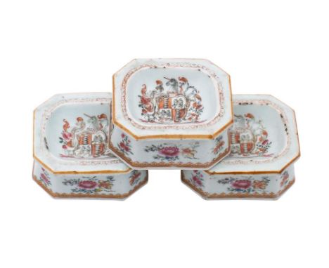 A set of three Chinese famille rose armorial trencher salts: each interior painted with the arms of Daniell of Scotland with 