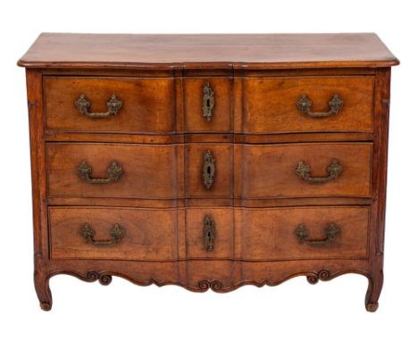 A Louis XV chestnut serpentine front commode, third quarter 18th century,: the top with moulded front and side edges; above t