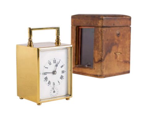 An Edwardian French carriage alarm clock: the eight-day duration timepiece movement having a platform lever escapement and so