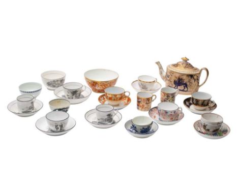 A mixed group of late 18th/early 19th century English painted and bat printed porcelain teawares: various factories including