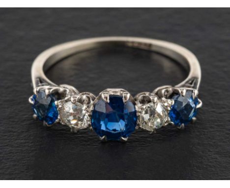 A sapphire and old-cut diamond, five-stone ring,: estimated total diamond weight ca. 0.40ct, I-J colour, SI2-P1 clarity, stam