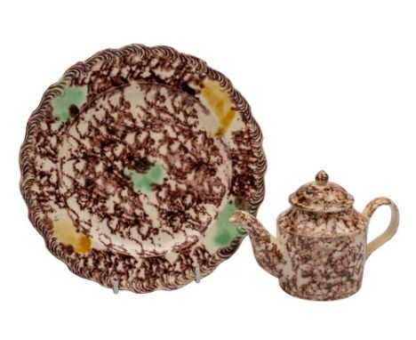 A Whieldon-type tortoiseshell-ware creamware plate and a similar miniature teapot and cover: the plate with brown, green and 