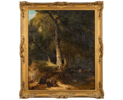 Fredrick Richard Lee [1798-1879]Wooded landscape;rustic figures, a camp fire and stream in the foreground,signed and dated F 