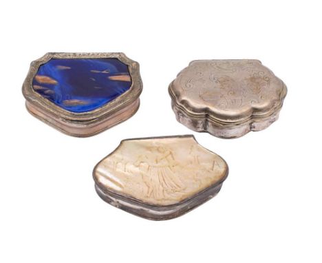 A Continental silver snuff box, stamped marks: of semi-circular outline 6.5cm wide, a silver and mother-of-pearl snuff box, 7