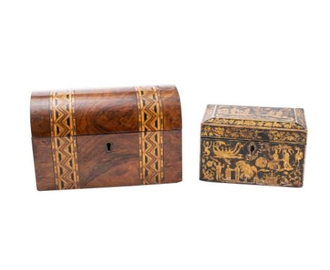 A 19th century Chinese export lacquer two division tea caddy: 18cm wide,  together with a Victorian walnut and inlaid parquet