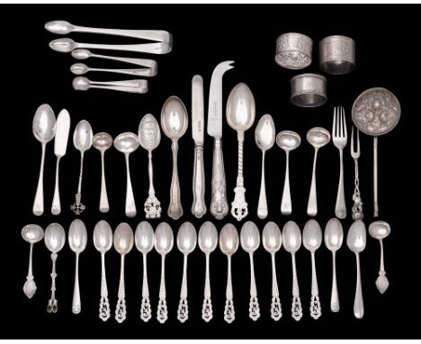 A mixed collection of silver and plated wares, various makers and dates: includes, spoons, napkin rings, toddy ladle bowl, su