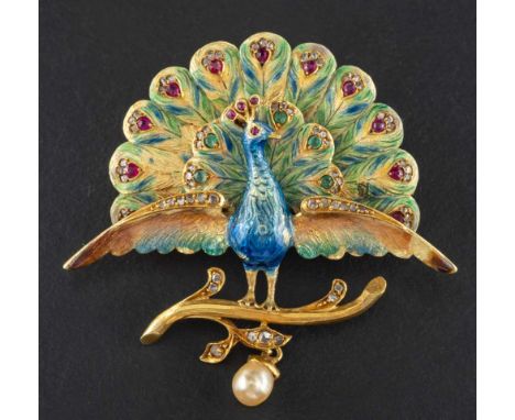 A ruby, diamond, emerald, pearl and vari-coloured enamel peacock brooch,: diameter of pearl pendant drop ca. 4.7mms, stamped 