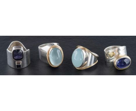 Four gemset rings,: including aquamarine, amethyst, light green chalcedony and sapphire, one stamped '925', ring sizes O-R, t