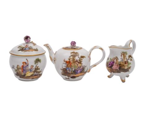 A Meissen three-piece tea service of small size: painted with children in classical landscape vignettes within gilt dentil bo