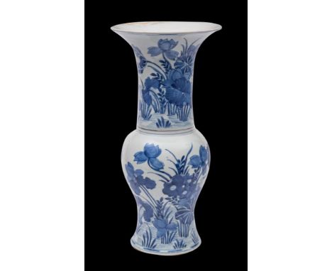 A Chinese blue and white 'lotus pond' yen yen vase: the trumpet neck and baluster body painted with a lotus pond and cranes, 