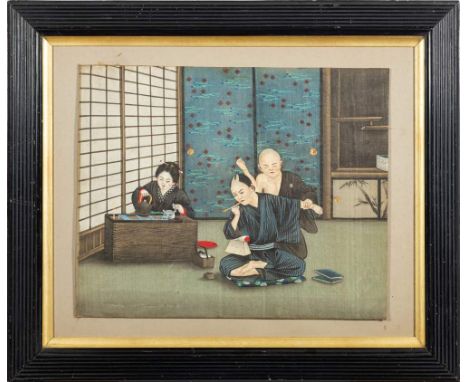 A Japanese painting on silk: depicting a man smoking an opium pipe whilst tea is prepared and an attendant repairs his kimono