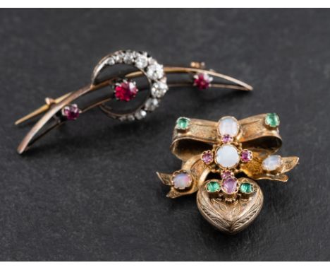 Two gold brooches,: one old-cut diamond and synthetic ruby crescent brooch, estimated total diamond weight ca. 0.12ct, length