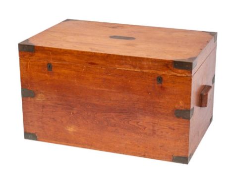 A Victorian teak trunk, last quarter 19th century,: the cover with inset brass plaque for Glde.B.Phelps and with inset brass 