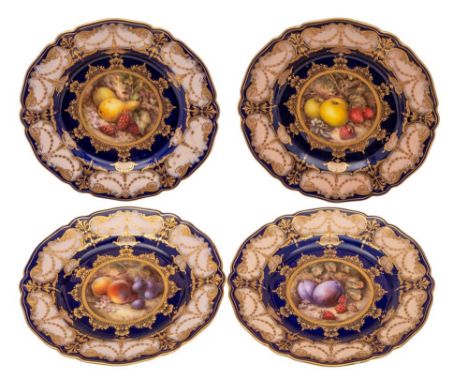 A set of four Royal Worcester cabinet plates by Richard Sebright: the centres painted with fruit on leafy banks reserved on  