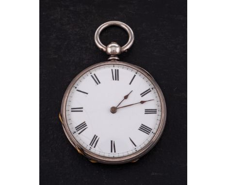 A lady's silver pocket watch: the Swiss bar movement having a cylinder escapement, the white enamel dial having black Roman n