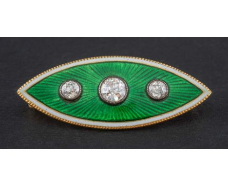 A late 19th century, gilded silver, green and white enamel, navette-shaped brooch, set with three old-cut diamonds,: estimate