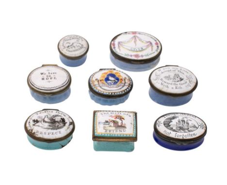 A group of eight late 18th/early 19th century enamel patch boxes: the decorated covers variously inscribed 'Esteem the Giver/