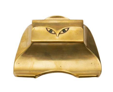 A Continental Art Nouveau period brass inkwell: the hinged lid enclosing two inkwells, stamped GES.GESCH, 14cm wide.