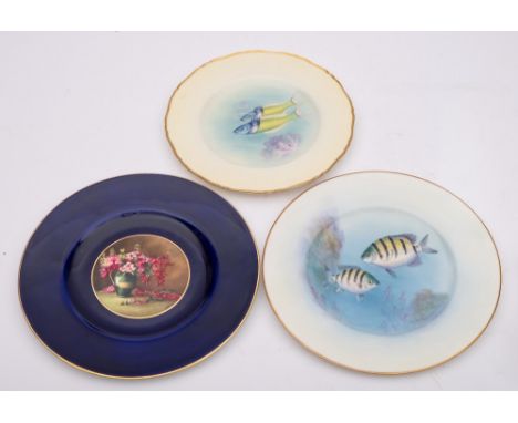 Three Royal Worcester porcelain plates: comprising one painted with a circular panel containing a jug of flowers by William R