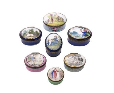 A group of seven late 18th/early 19th century enamel patch boxes: the covers with figural and landscape decoration [damages] 