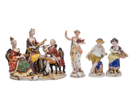 A mixed group of late 19th/early 20th century Continental porcelain: in 18th century style comprising a figural musical group