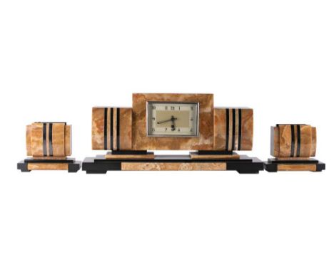 An Art Deco marble clock garniture: having an eight-day duration timepiece movement, the rectangular cream and silvered dial 