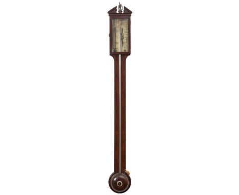 Donegan, Holborn a Georgian stick barometer: the silvered dial with usual barometer markings, sliding vernier gauge, inset th