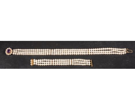 A three-row, cultured pearl choker and associated bracelet,: the cultured pearls of white hue with pinkish overtones, diamete