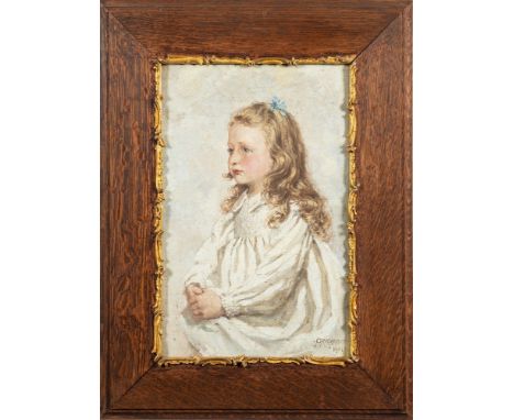 A. Richards [19/20th Century]-Portrait of a girl,:- half-length seatedwith long fair hair tied with a blue ribbon, wearing a 