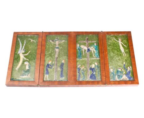 An enamel and glass low relief four-panel icon: depicting The Annunciation, The Crucifixion, The Descent from the Cross and T