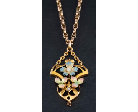 An Art Nouveau style seed pearl and enamel openwork pendant of floral design,: stamped '9ct', length ca. 4.8cm, together with