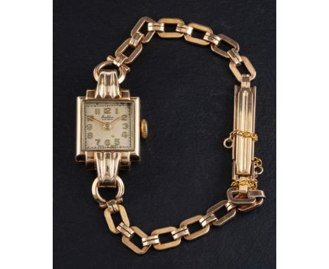 A 9ct gold 'Star' Bentima wristwatch,: the square enamel dial with Arabic numerals and baton hands, diameter of dial ca. 1.3c