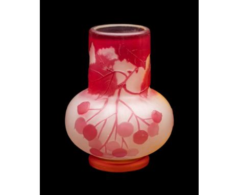 A Gallé cameo glass vase: of squat ovoid form with cylindrical neck, decorated with fruiting branches in ruby and yellow on a