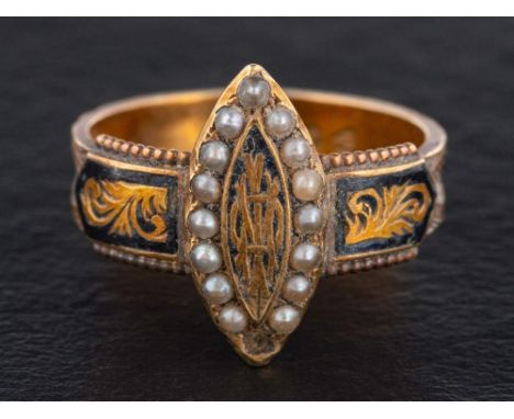 A 15ct. gold, hairwork, black enamel and seed pearl mourning ring,: with hallmarks for Chester, 1897, ring size N, length of 