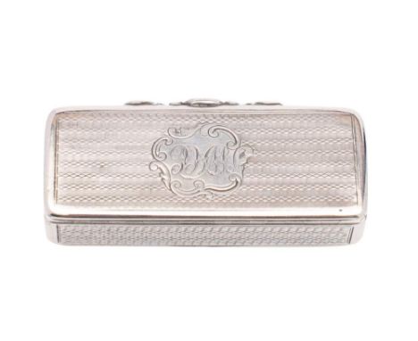 A Victorian silver snuff box, maker Joseph Willmore, Birmingham, 1841: initialled, of rectangular outline, with hinged lid an