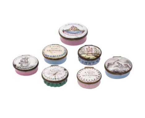 A group of seven late 18th/early 19th century enamel patch boxes: the lids decorated with 'A Lime House, Buxton'; 'A Trifle f