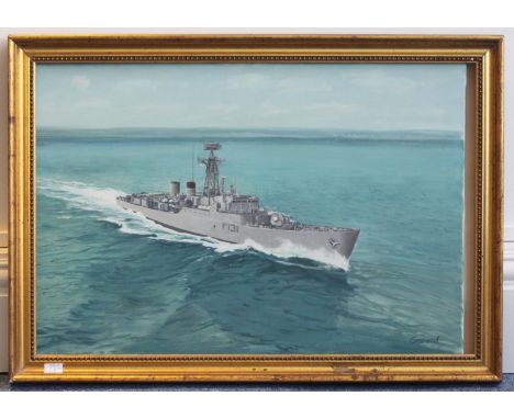 A 20th century seascape study depicting the Tribal-Class Frigate HMS Nubian (F131) built in Portsmouth Dockyard and sunk in 1
