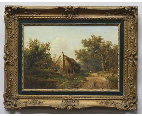 H. Hewitt, Landscape with figures and cottage,  signed and dated 1852, oil on wooden panel, 27x40cm in gilt fame (professiona
