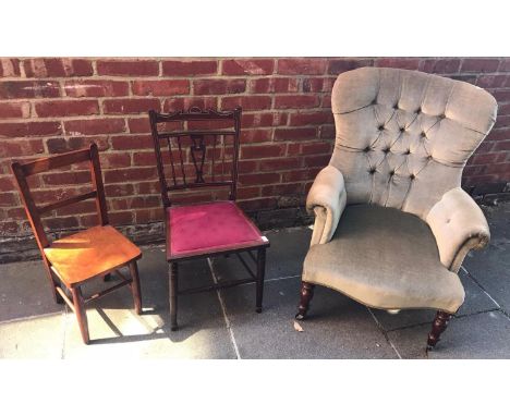 An inlaid mahogany child's chair with pierced back splats, deep rouge upholstered seat and raised on turned supports with str