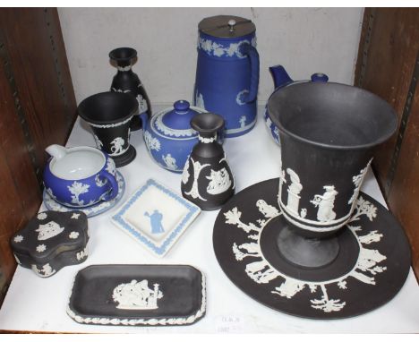 SECTION 23.  A quantity of Wedgwood Jasperware in light blue, dark blue and black, including jug with tippler lid, pin dishes