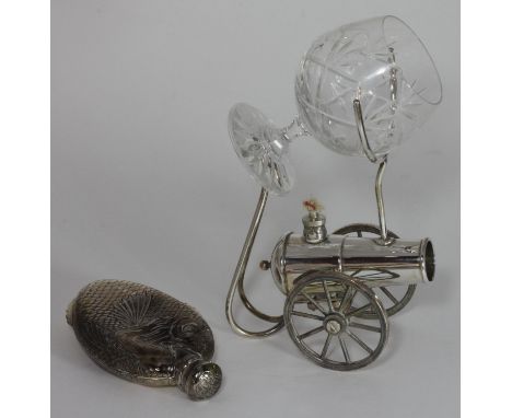 A silver-plated brandy warmer modelled as a cannon, with glass brandy balloon, together with a silver-plated hip flask modell