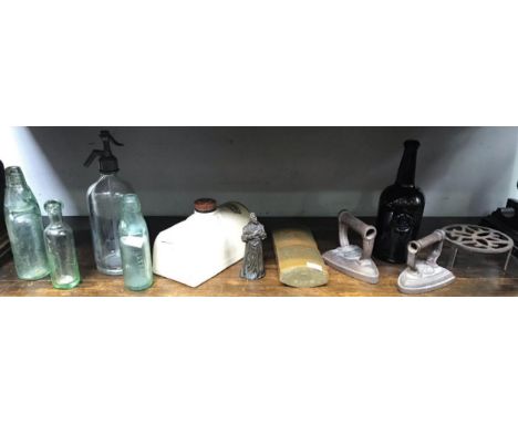 A small quantity of assorted collectables including various sheet music, mixed glass bottles, a bed warmer, iron and an unusu