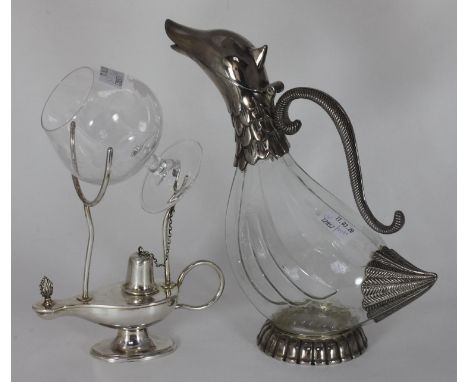 A silver-plated brandy warmer modelled as a Middle Eastern oil lamp, with glass brandy balloon, together with a silver-plated