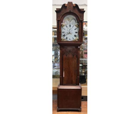 An inlaid mahogany longcase maritime moon phase clock with eight-day movement, shaped and scrolled hood enclosing painted arc