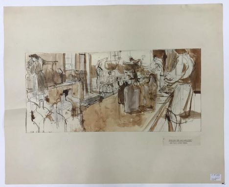Stella Schmolle (British 1908-1975) 'Study for The Main Laboratory, Army Blood Supply Depot', preliminary sketch for the comp