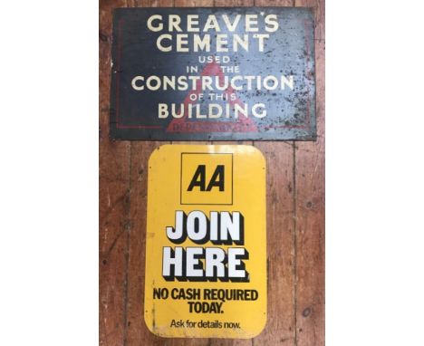 A rectangular enamel advertising sign for 'Greave's Cement' 51 x 76cm, together with an 'AA Join Here No Cash Required Today'