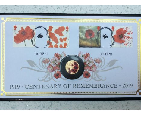 A 2019 Centenary of Remembrance Gold Proof £1 Coin Cover, ERII Fifth portrait obv, barbed wire and enamelled poppies rev, sea