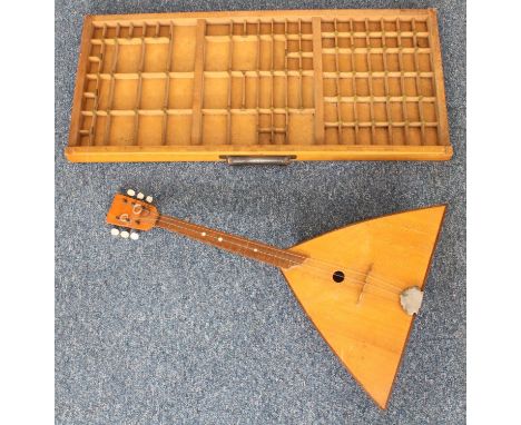 A collector's / specimen cabinet drawer, 83cm wide, together with a Balalaika (2) 