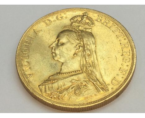 Queen Victoria five pounds, 1887, obv Jubilee portrait, rv George &amp; Dragon, weight 39.9g, condition Fine. 